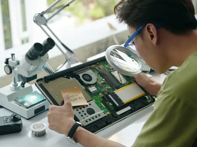 Technician repairing a laptop circuit board under a magnifier