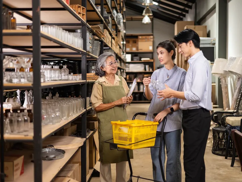 Shop assistant helping customers in a homeware store