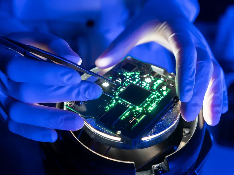 Technician handling a circuit board with tweezers