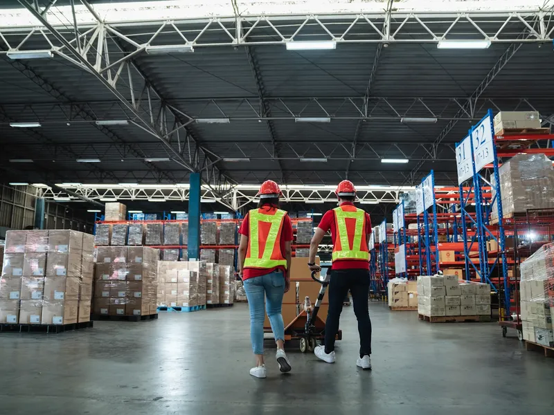 Warehouse staff moving goods with a pallet jack