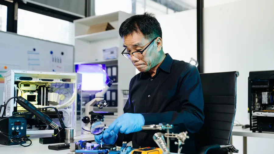 Technician repairing electronic components in a workshop