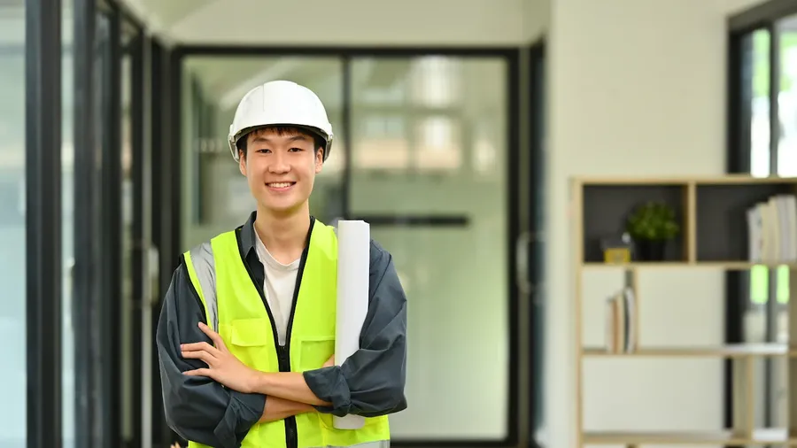 Construction worker in a safety helmet and vest